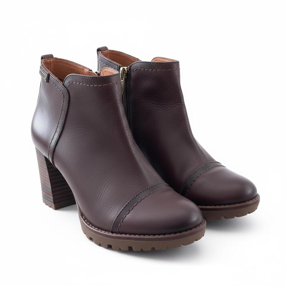 Pikolinos Pompeya Burgundy Brown Leather Ankle Boots Block Heel Zip EU37 US6.5-7